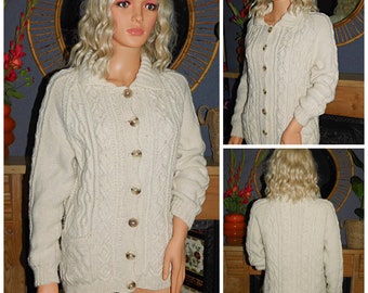 Vintage Cream ARAN Knit Wool Chunky Winter Cardigan S Cable Knit