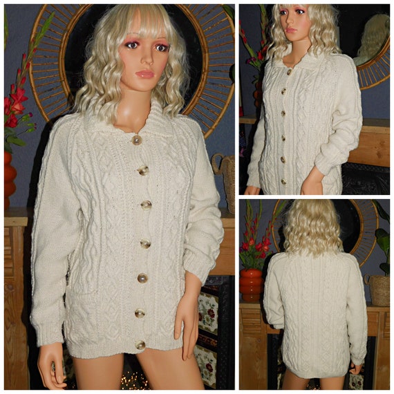 Vintage Cream ARAN Knit Wool Chunky Winter Cardigan S Cable Knit