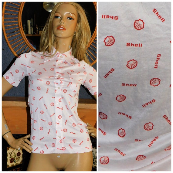 Vintage 70s White Red NOVELTY SHELL Print Fitted Stretch Shirt Blouse 4-6 Xxs Xs 1970s Kitsch Dagger Collar