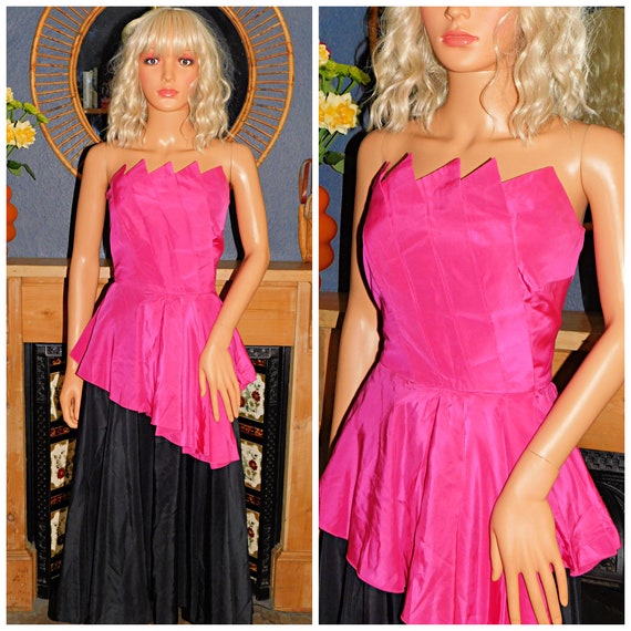 Vintage 80s BUBBLEGUM Pink Black Avant Garde Strapless PEPLUM Prom Party Dress 10 S 1980s Vera Mont Cocktail Evening