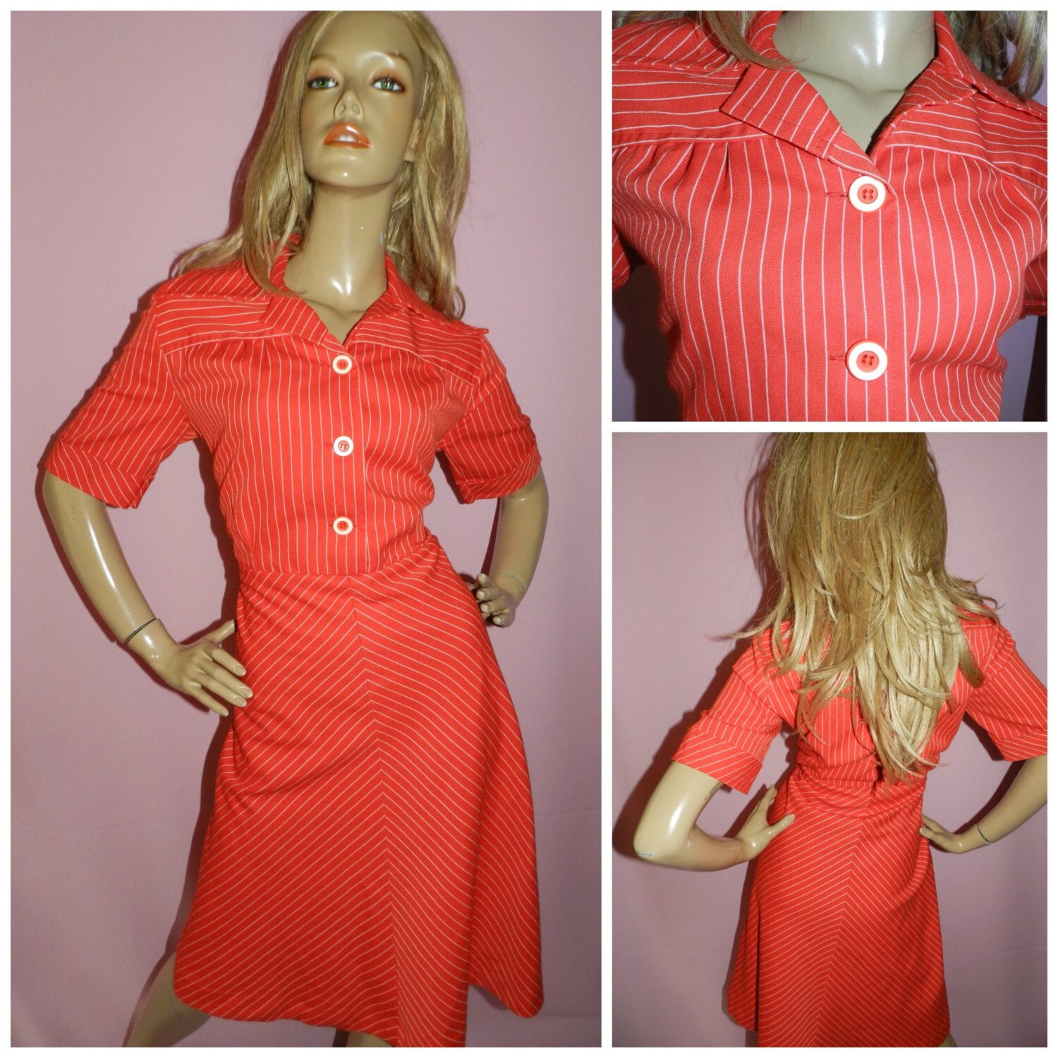 Vintage 60s 70s Red/White PINSTRIPE A-line Day dress 16 L 1960s 1970s ...