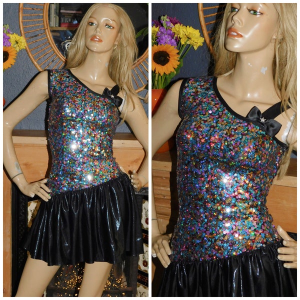 Vintage 90s Multicoloured SEQUINNED Cold SHOULDER MINI Prom Party Clubbing Dress 8 Xs S 1990s Disco Dance Costume