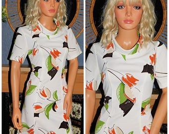 Vintage 60s Cream Multicoloured FLORAL Print Mod Dress 8-10 S 1960s Modette