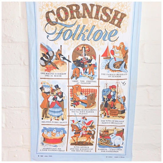 Vintage 80s CORNISH FOLKLORE Country Kitchen Cotton Tea Towel 1982