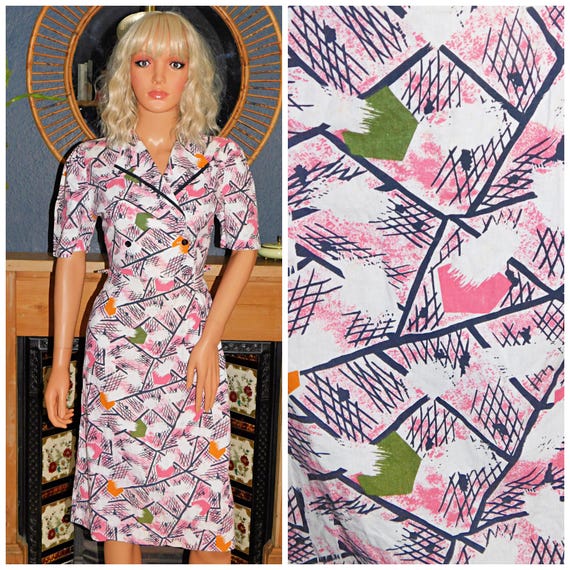 Vintage 50s Pink Multicoloured Abstract Print Day Dress 10 S 1950s Mid Century Wiggle Pin Up Hourglass