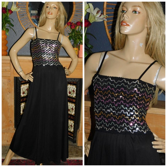 Vintage 70s 80s Black PASTEL SEQUINNED DISCO Maxi Dress 10 S 1970s 1980s Evening Party