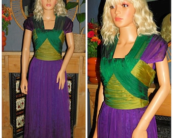 Vintage 80s Purple Green Colour Block SILK BANDAGE Prom Party Dress 14 M 1980s Grecian GODDESS
