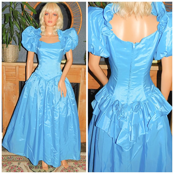 Vintage 80s Blue BUSTLE Back PUFF Slvd Prom Party Dress 10 S 1980s Kitsch Princess Extreme Fantasy Bridesmaid