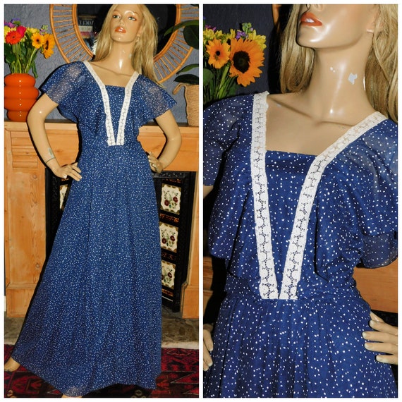 Vintage 70s Vera Mont Navy White DOTTY BOHO FLOATY Crochet Trim Maxi Dress 10 S 1970s Bohemian Hippy Folk
