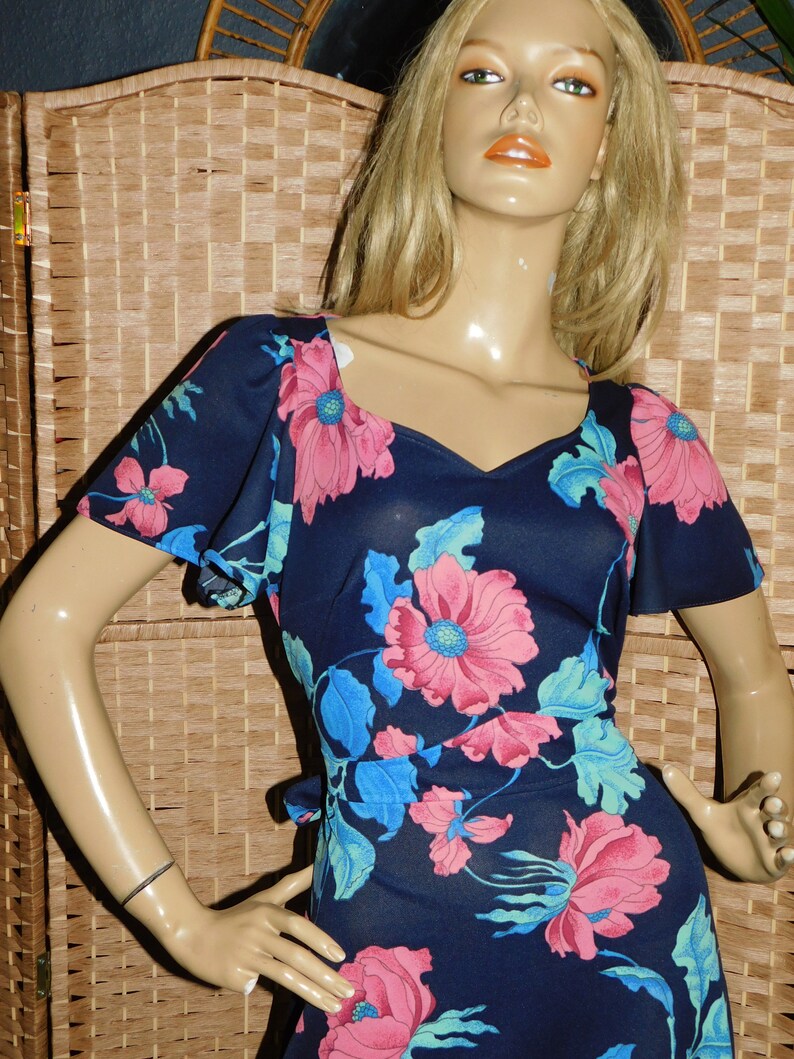Vintage 70s Navy Green Pink Bold FLORAL POPPY Print Flutter WING Slvd Maxi dress 10-12 S M 1970s Flower Power