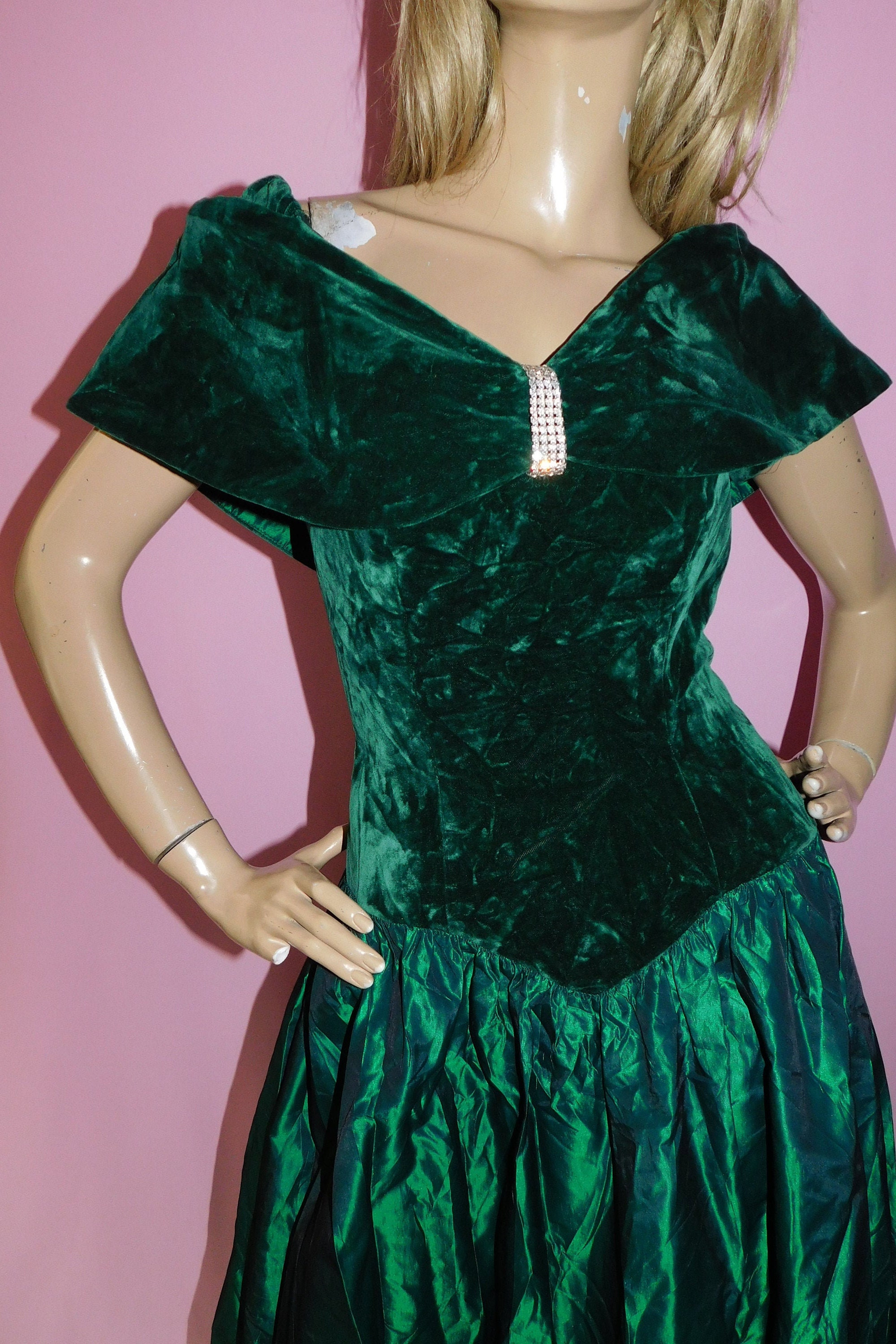 Vintage 80s EMERALD GREEN VELVET Maxi Princess Prom Dress 10Uk 6Us S