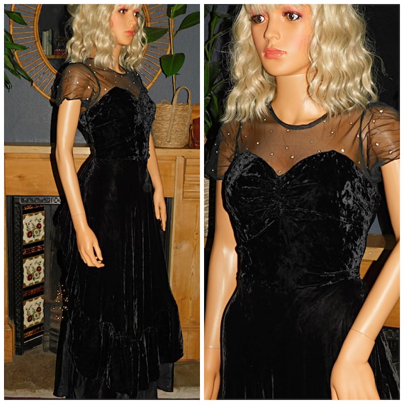 Vintage 30s Black Silk VELVET Net Tulle DIAMANTE … - image 5