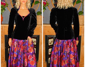 Vintage 80s Black Purple Pink Gold VELVET Silk Leaf Print Princess Prom Party Dress 10 S 1980s Christmas