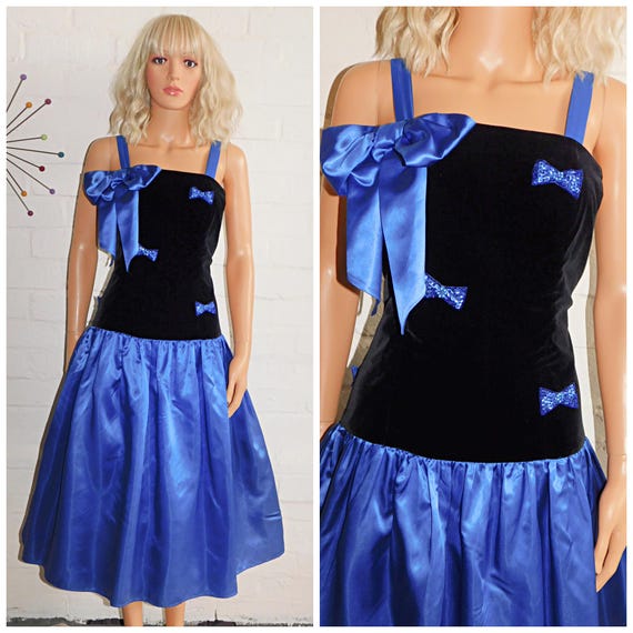 Vintage 80s Blue Black BOW Prom Party Dress 12 M 1980s