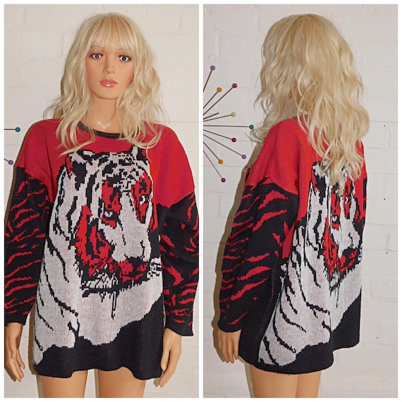 Vintage 80s Red Black White Glitter LION TIGER NOVELTY Print Jumper Sweater M L Xl 1980s Kitsch Nu Wave