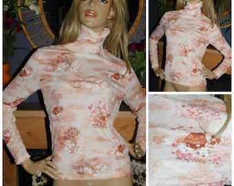 Vintage 60s 70s NOVELTY HOUSE In The WOODS Print Stretch Nylon Polo Neck S M 1970s Kitsch 10-12