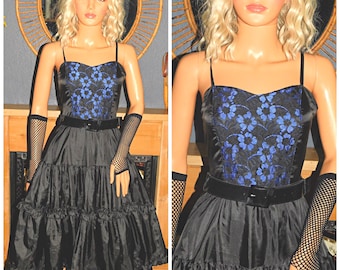 Vintage 80s Blue Black Lace Panel TIERED Prom Party Dress 6-8 XS 1980s Gothic