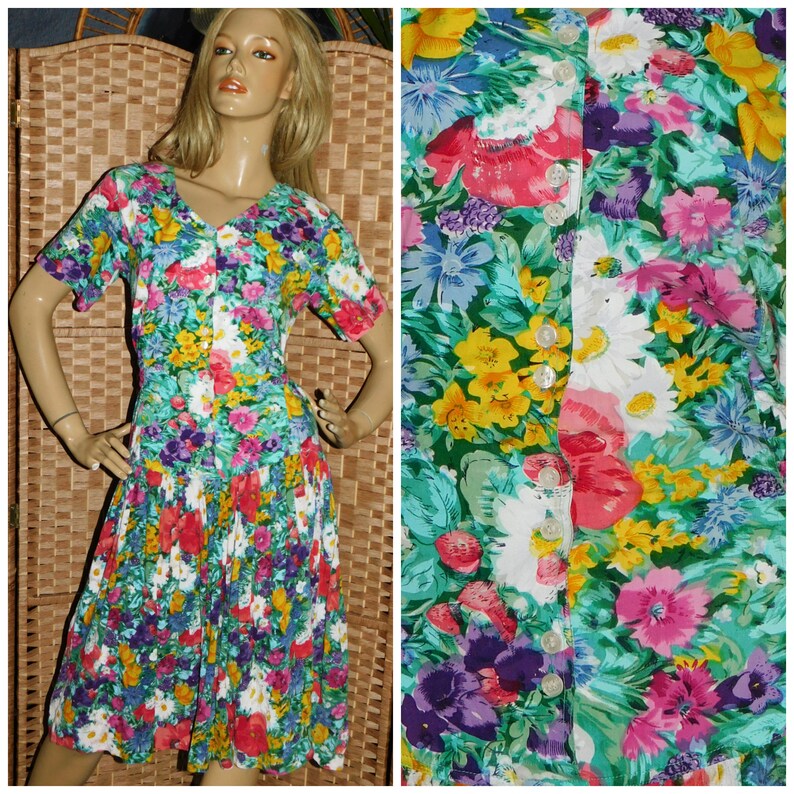 Vintage 1980s Multicoloured FLORAL ROSE Print Drop Waist Tea Dress 12 M 1980s Cheesecloth Cotton