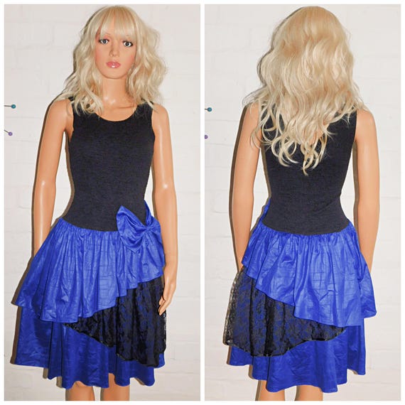 Vintage 80s Black Blue Drop Waist BOW RARA Prom Party Dress 8 10 S Avant Garde 1980s Cocktail Evening Kitsch