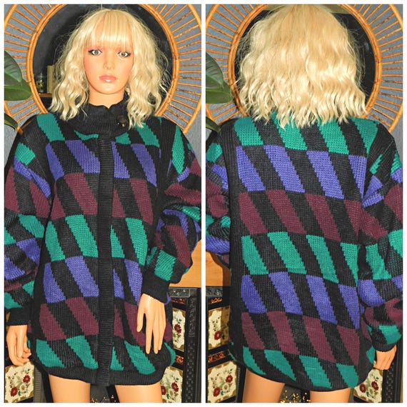 Vintage 80s Purple Green CHEQUERED Chunky OVERSIZED COCOON Cardigan M 1980s Pockets Padded