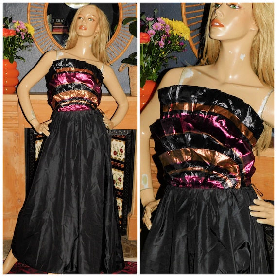 Vintage 70s 80s Black METALLIC Purple Orange AVANT GARDE Origami Ruffled Prom Evening Dress 8 10 S 1970s 1980s Party