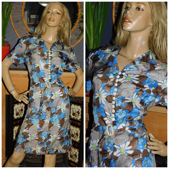 Vintage 50s Blue Brown DAISY LEAF Floral Print Day Dress 14 M 1950s Mid Century