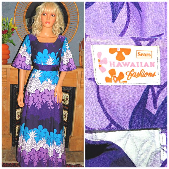 Vintage 60s 70s Purple Blue PINEAPPLE Hawaiin FLORAL Flower Power Print Maxi Dress 10 S 1960s 1970s Summer Holiday
