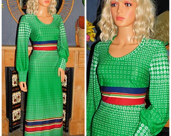 Vintage 70s Verde Multicolor GEOMÉTRICO RAYAS Maxi Vestido Deportivo 14 M 1970s