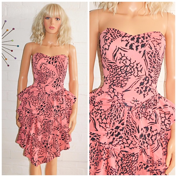 Vintage 80s Orange Peach Black Abstract Print RARA Prom Party Dress 12 14 M 1980s