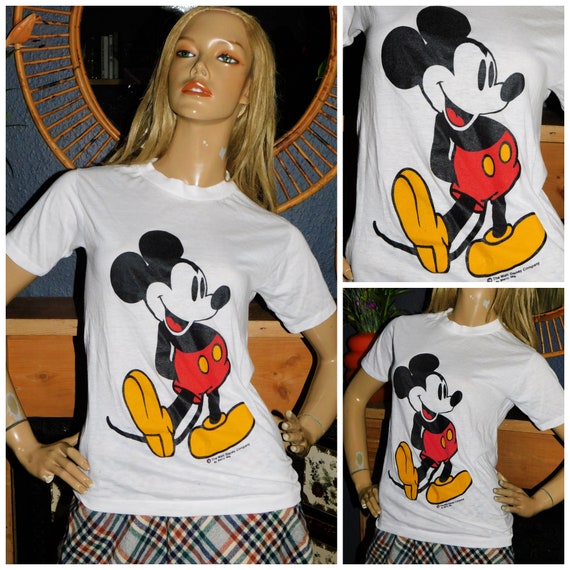 Vintage 90s Soft SINGLE STITCH 50 50 MICKEY Mouse T shirt S Xs 1990s Graphic Thin White