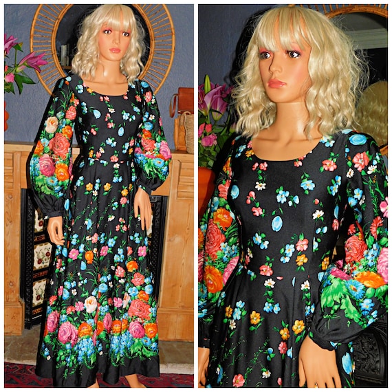 Vintage 70s Black Multicoloured FLORAL Print BALLOON Slvd Margo Maxi Dress 8 10 S 1970s Kitsch Bohemian Boho