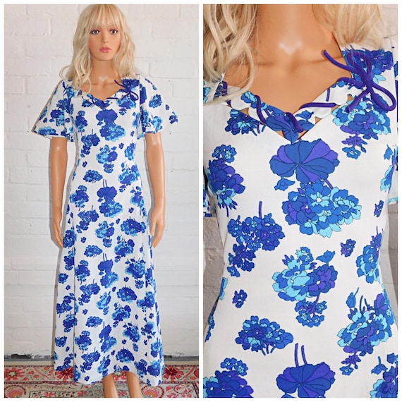 Vintage 70s White Blue Purple PSYCHEDELIC FLORAL Print Midi Maxi Dress 10 S 1970s FLOWER Power