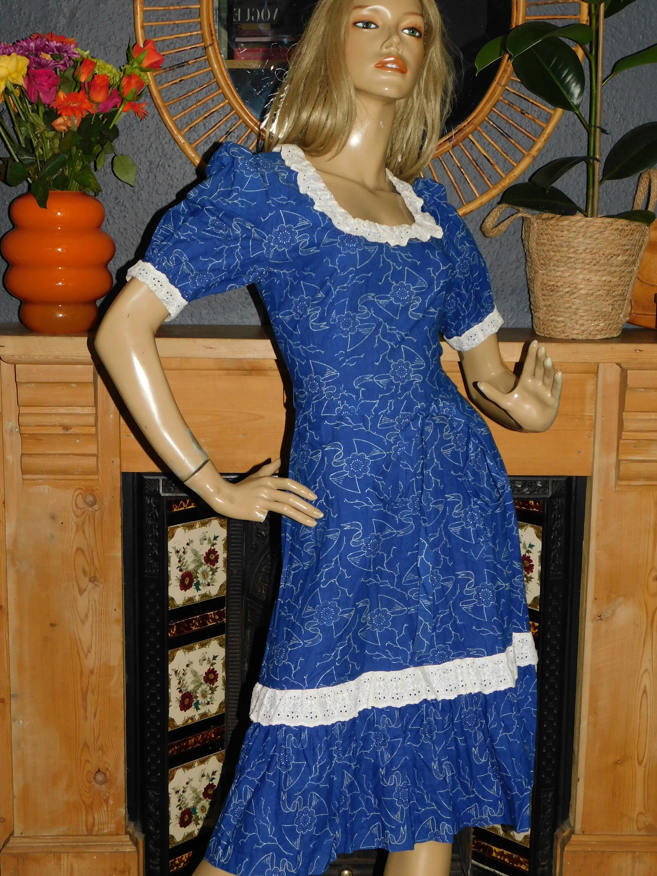 Vintage 40s Navy White ABSTRACT FLORAL Print Tea Dress 10 S Etsy