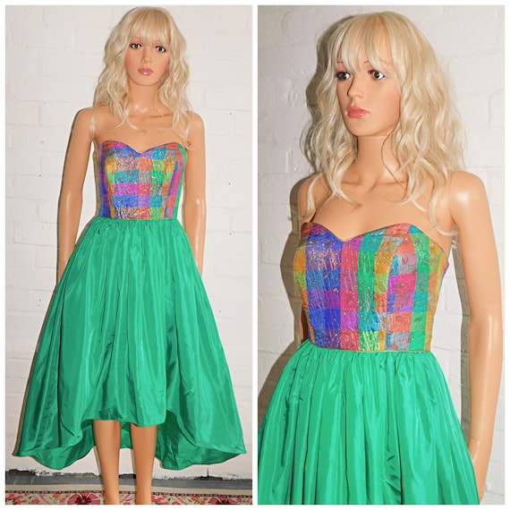 Vintage 80s Emerald Green Multicoloured STRAPLESS Dipped Hem Prom Party Dress 6-8 Xs 1980s Kitsch