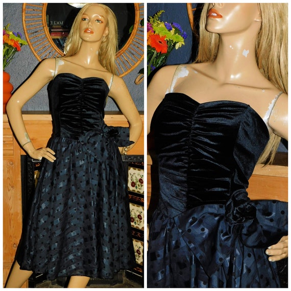 Vintage 80s Black STRAPLESS BOW Full Skirt Prom Party Dress 10 S 1980s Evening Cocktail