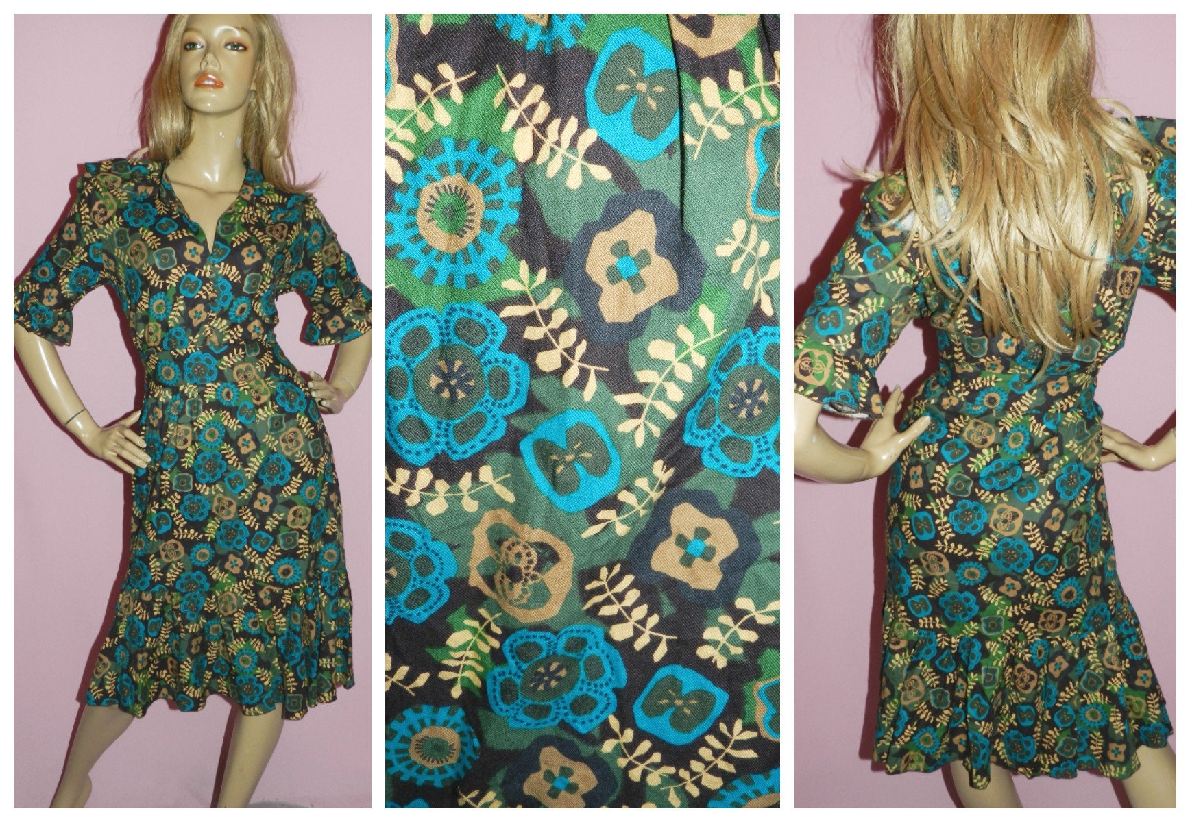 Vintage 90s Multicoloured FLORAL RUFFLED TEA Dress 12 M 1990s Does 50s ...