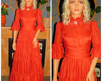 Vintage 70s LIPSTICK Red RUFFLED BOW Tiered Boho Maxi Dress 8 Xs 1970s Bohemian Princess High Neck