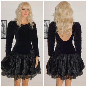 Vintage 1980s Black Velvet Drop Waist BUBBLE Hem Mini Prom Party Dress 10 S 80s KITSCH Halloween Polka Dot