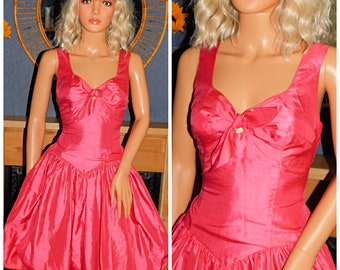 Vintage 80s Coral Pink BOW Front BUBBLE Hem Prom Party Dress 10 12 S M 1980s Kitsch