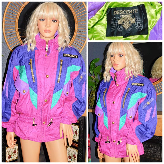 Vintage 80s DESCENTE Pink Purple Green Colour Block KITSCH Bomber SKI Padded Jacket M 1980s