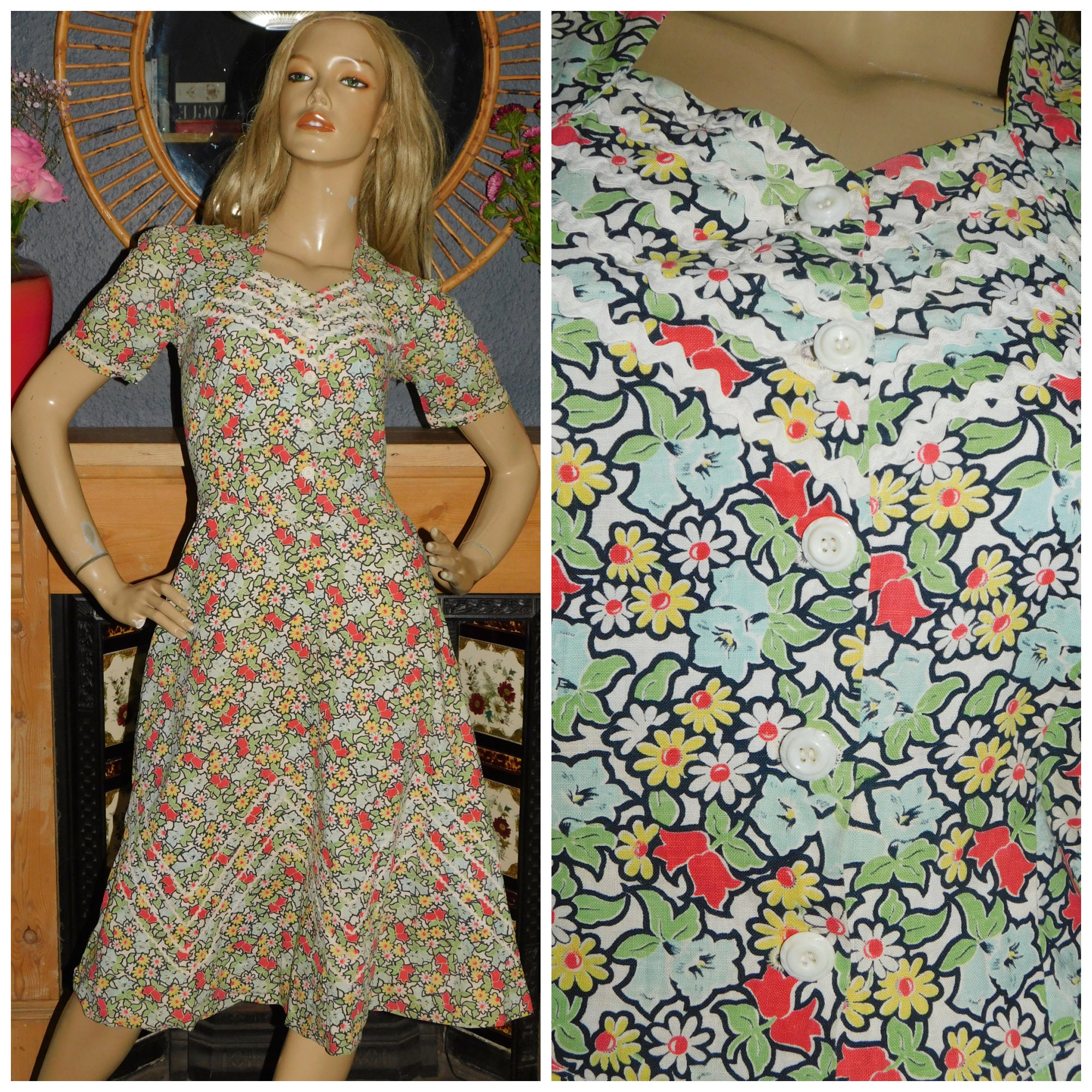 Ric Rac Pattern Tea Set Vintage 30s 40s Bold FLORAL Print RIC RAC Trim Tea Dress 10-12 S M ...