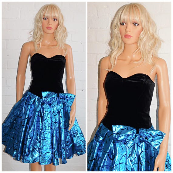 Vintage 80s Strapless METALLIC Turquoise FULL SKIRT Bow Prom Party Dress 10 S 1980s Kitsch Teal Blue Green