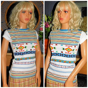 Vintage 80s DEAD STOCK STRIPED Geometric Print Cap Slvd Tee T Shirt 8 Xs 1980s