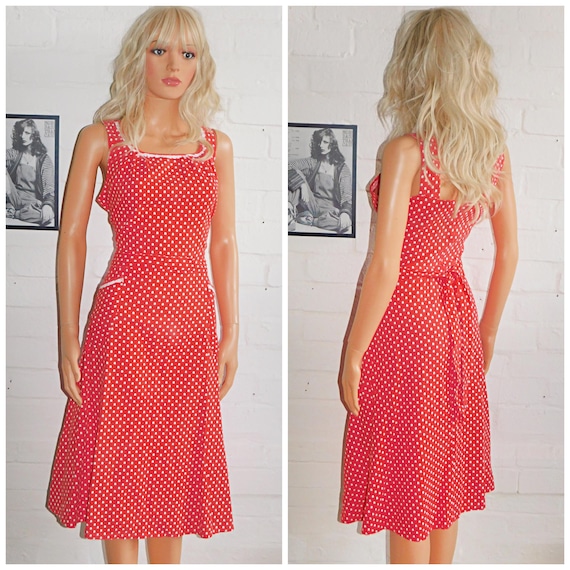 Vintage 70s Red White DITSY Print Contrast Trim Cotton Pinnafore Dress 14 M 1970s POCKETS Sun Holiday