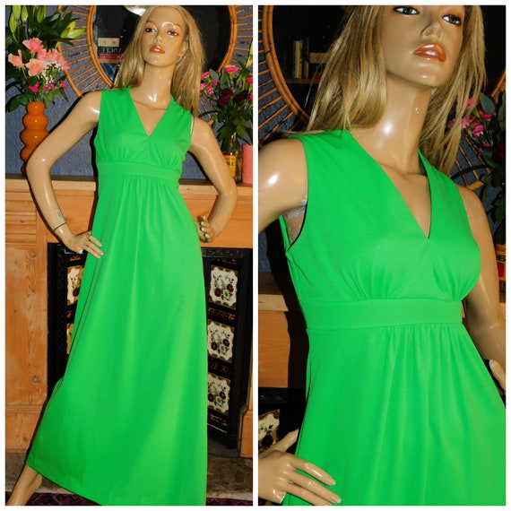 Vintage 70s APPLE Green Empire Maxi Dress 8-10 S 1970s Evening Party