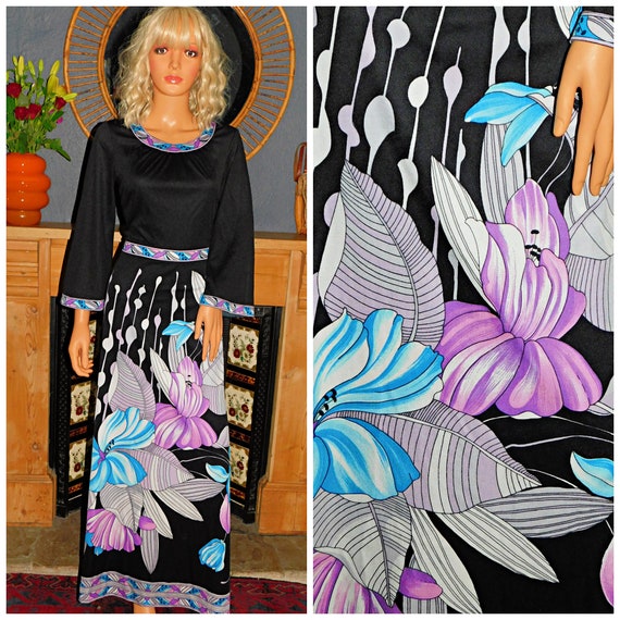 Vintage 70s ART NOUVEAU Black Purple Blue ORCHID Floral Border Print Maxi Dress 12 M 1970s