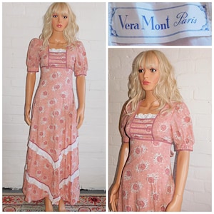 Vintage 70s Peachy Pink FLORAL BRODERIE Trim FOLK Prairie Dress 8 10 S 1970s Vera Mont Bohemian Boho
