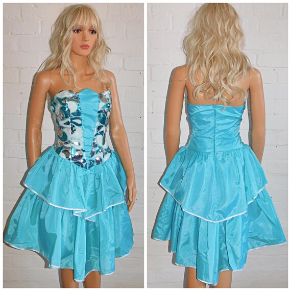 Vintage 80s Turquoise Peppermint Green BOW Rara SEQUIN Strapless