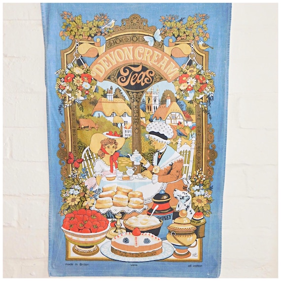 Vintage 70s DEVON CREAM TEAS Country Kitchen Cotton Tea Towel