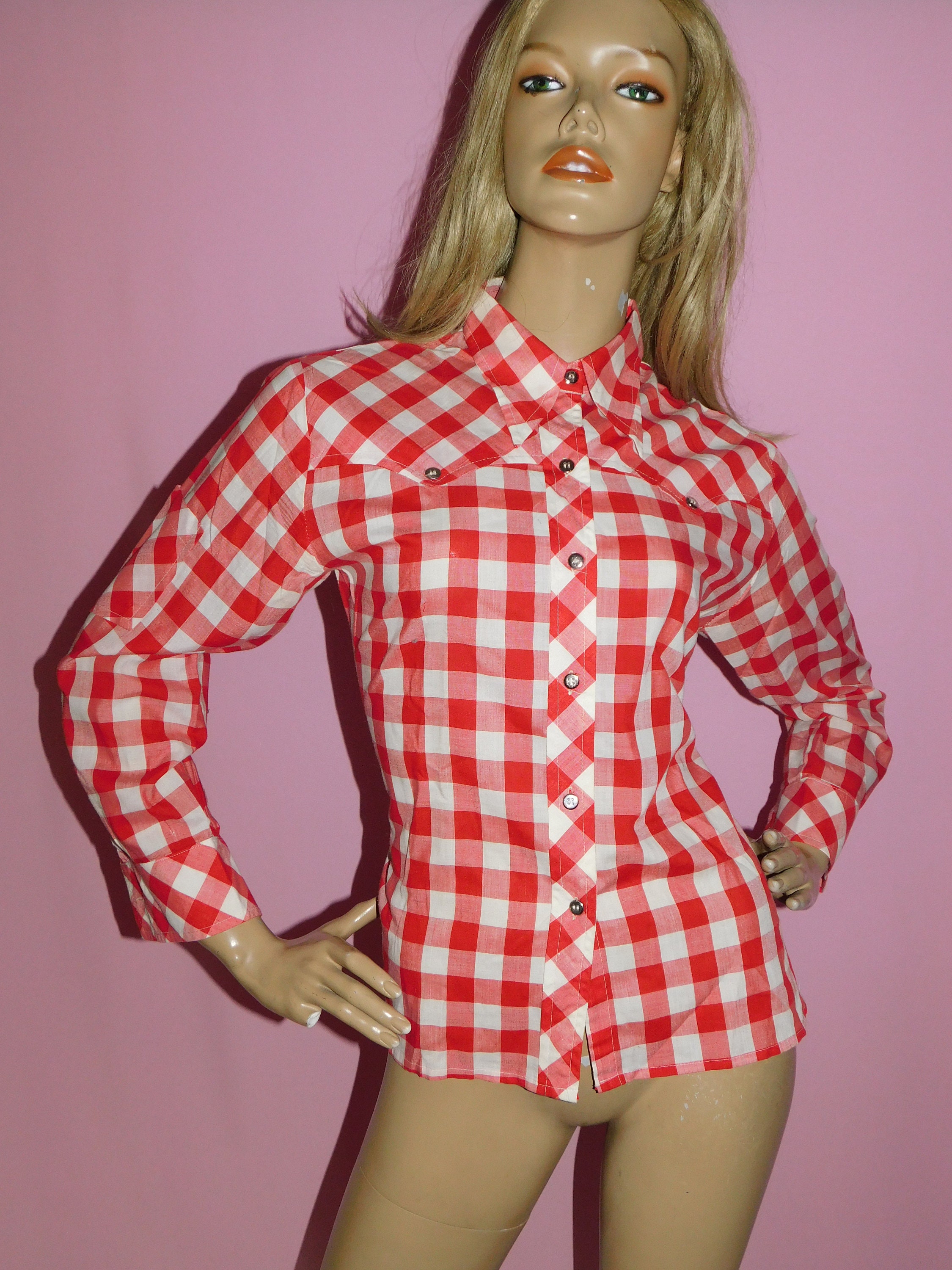 Vintage 1970s Red/white GINGHAM CHECK Shirt Blouse 12 M 70s WESTERN ...